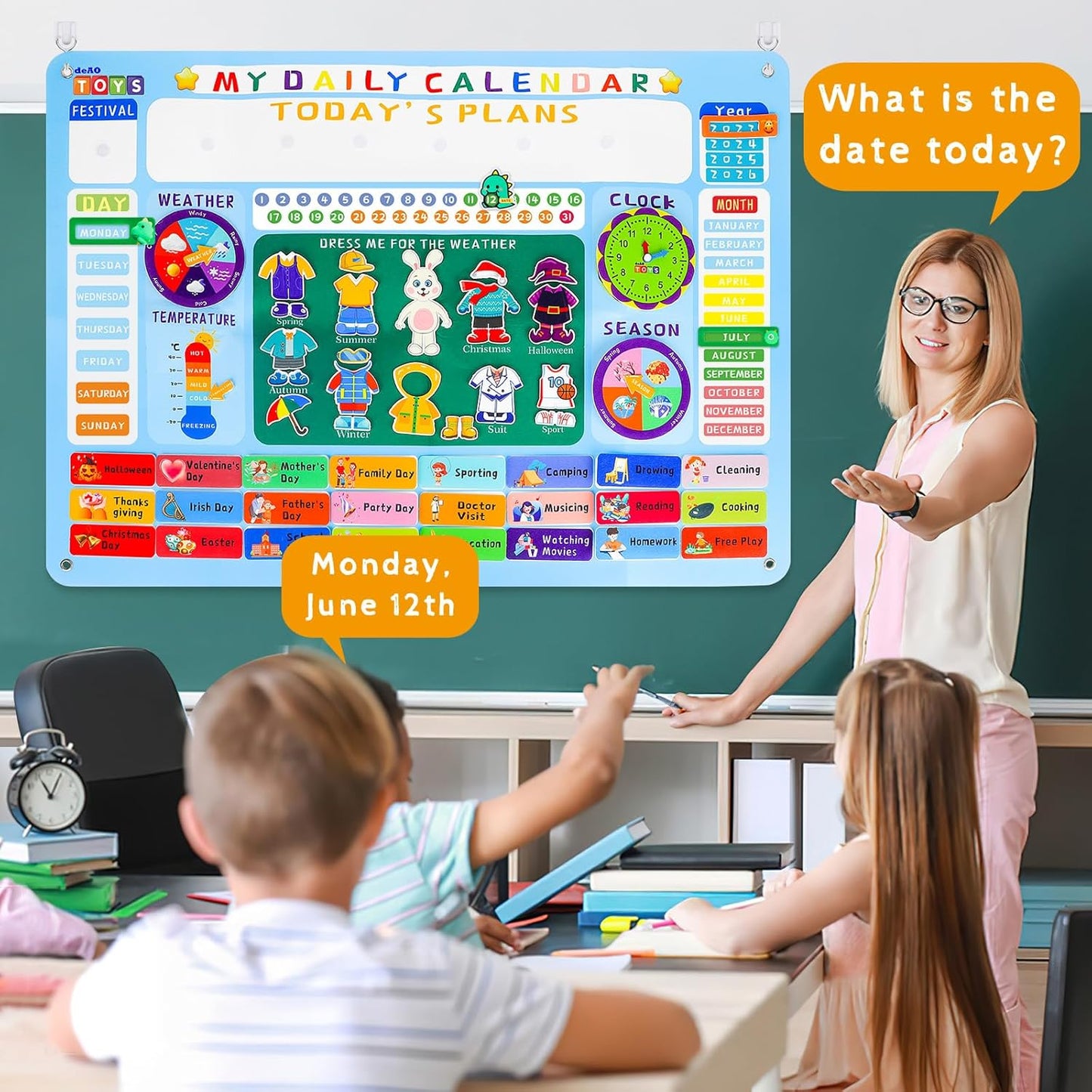 deAO Toddler Daily Calendar Felt Board for Kids Busy Board Circle Time Kindergarten Preschool Classroom Learning Activities Felt Board Wall Hanging Gift for Kids