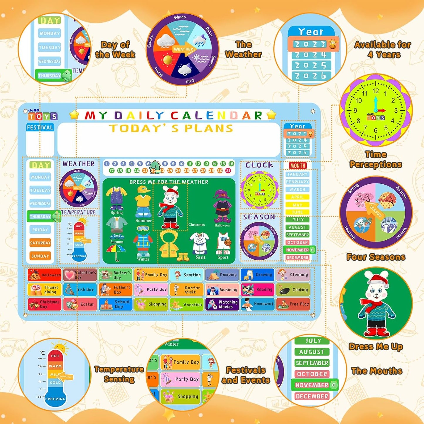 deAO Toddler Daily Calendar Felt Board for Kids Busy Board Circle Time Kindergarten Preschool Classroom Learning Activities Felt Board Wall Hanging Gift for Kids