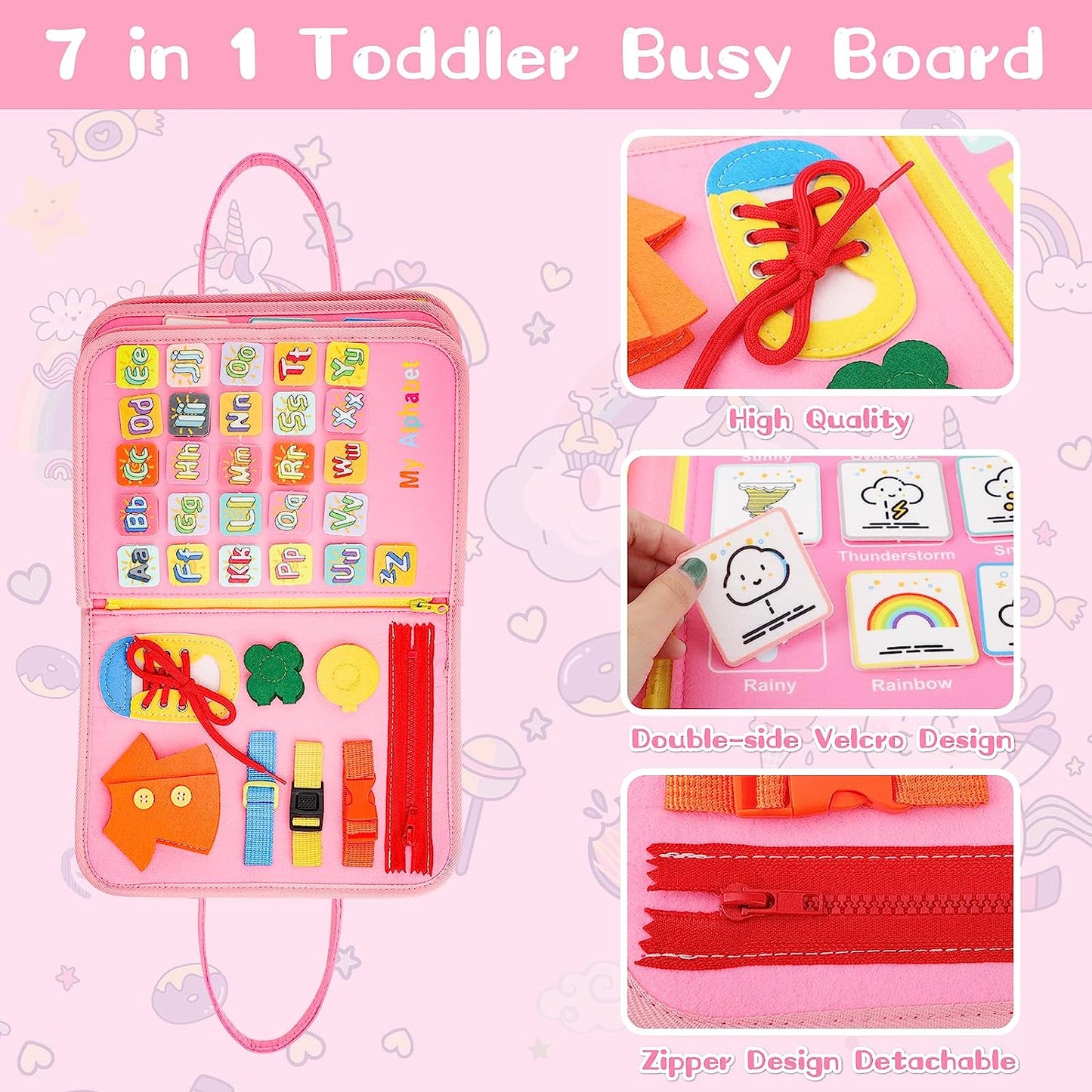 Toddler Busy Board Sensory Montessori Travel Toys 10 Pages Quiet Book for Kid Preschool Learning Activities w/ Life Skills Alphabet Number