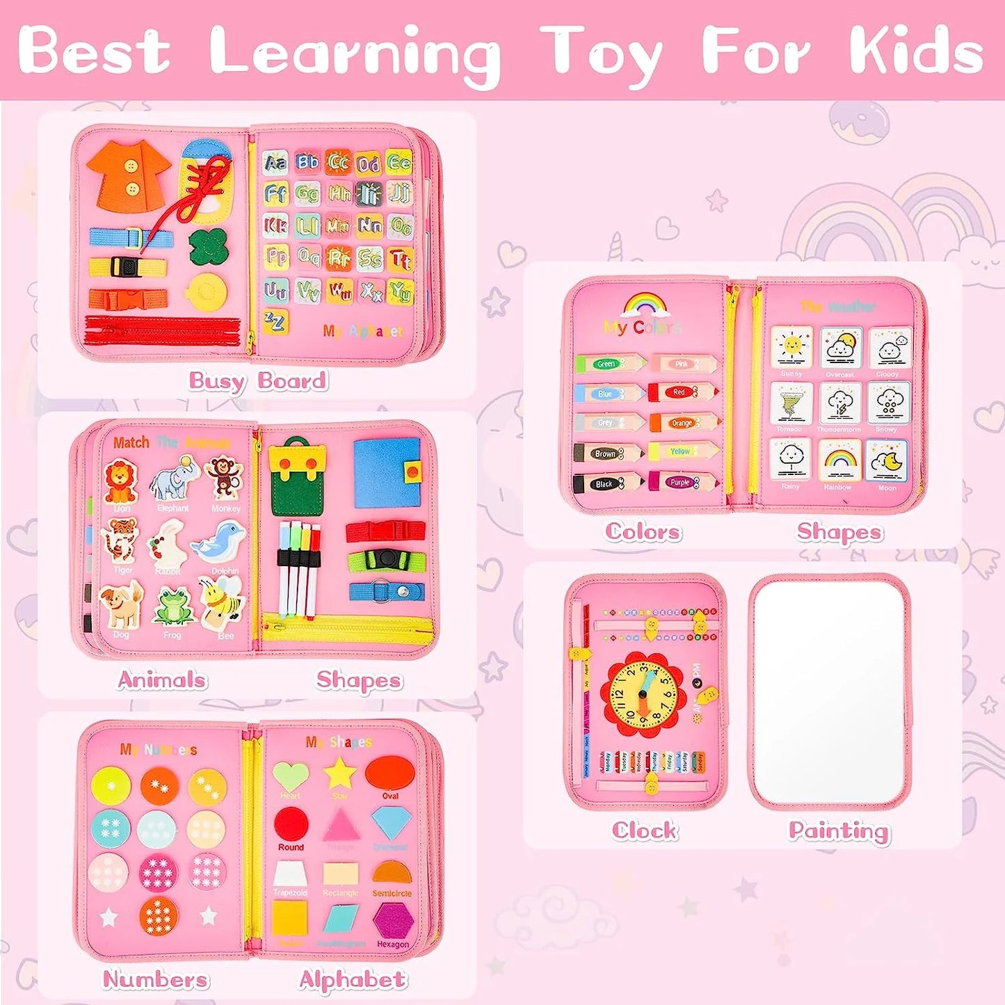 Toddler Busy Board Sensory Montessori Travel Toys 10 Pages Quiet Book for Kid Preschool Learning Activities w/ Life Skills Alphabet Number
