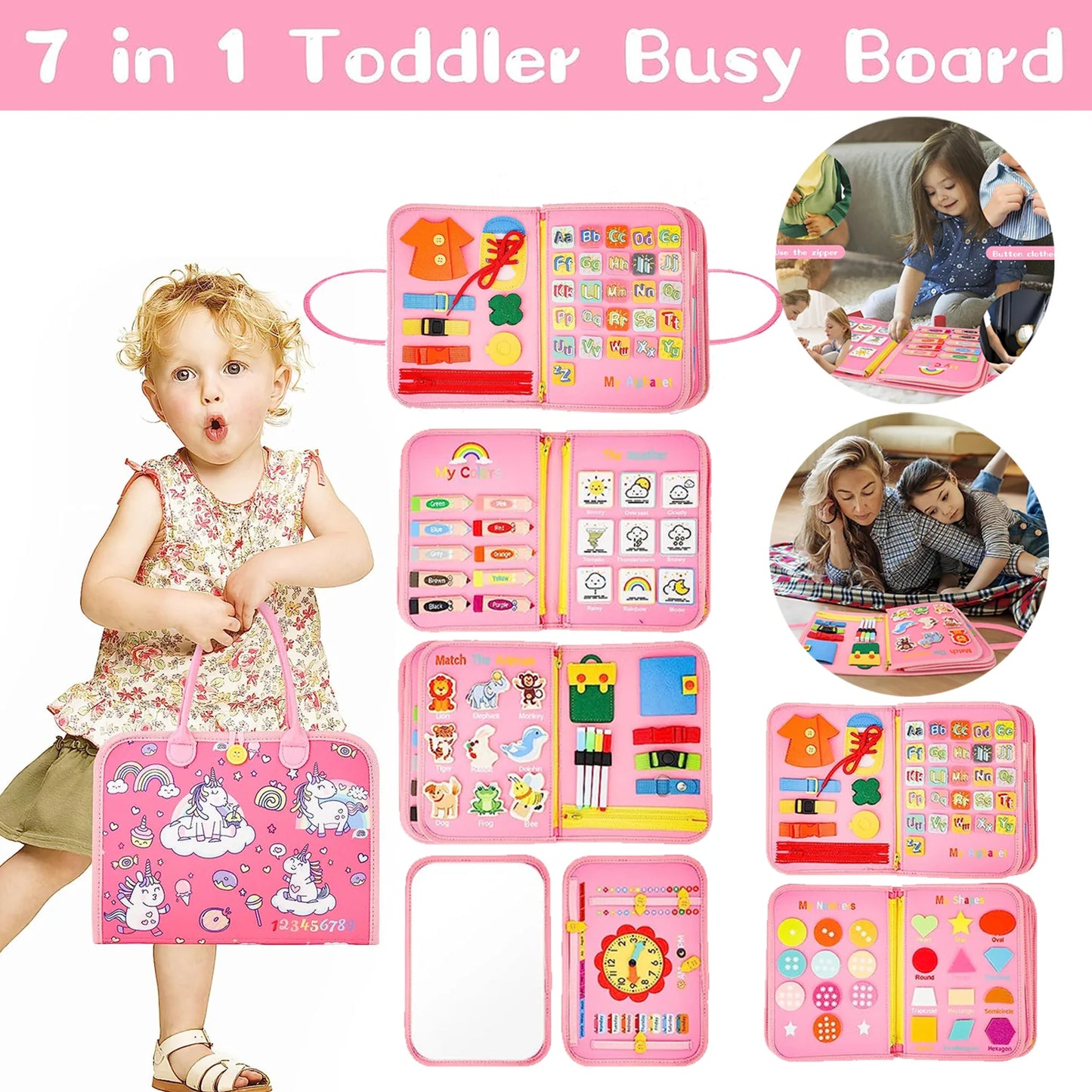 Toddler Busy Board Sensory Montessori Travel Toys 10 Pages Quiet Book for Kid Preschool Learning Activities w/ Life Skills Alphabet Number