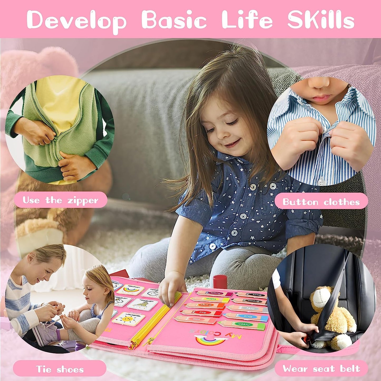 Toddler Busy Board Sensory Montessori Travel Toys 10 Pages Quiet Book for Kid Preschool Learning Activities w/ Life Skills Alphabet Number