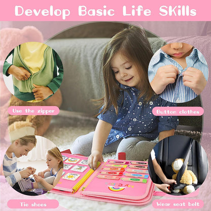 Toddler Busy Board Sensory Montessori Travel Toys 10 Pages Quiet Book for Kid Preschool Learning Activities w/ Life Skills Alphabet Number
